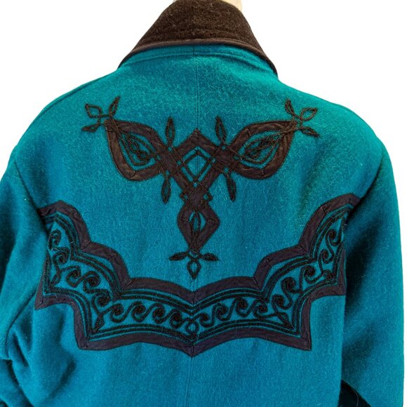 Western Vintage Wool Jacket – Teal & Black Embroidered Cropped Blazer - Picture 6 of 9